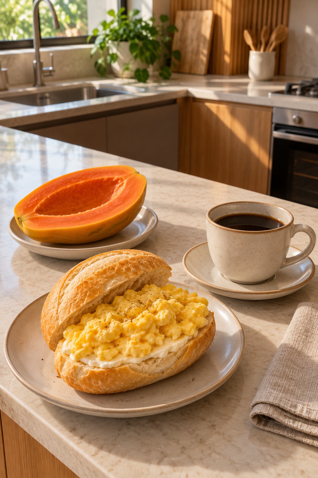 Café da manhã com pão, ovos mexidos, mamão e café