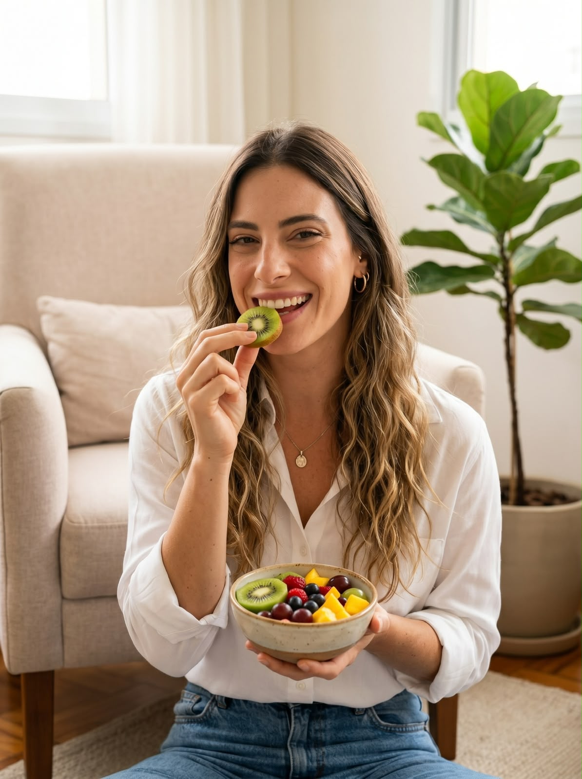 Bárbara Lima comendo uma tigela de frutas